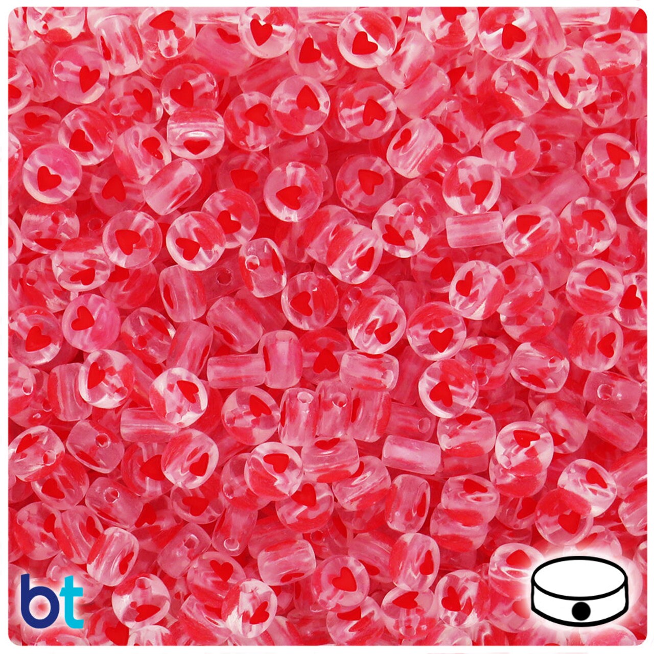 BeadTin Clear Transparent 7mm Coin Plastic Alpha Beads - Red Hearts (250pcs)